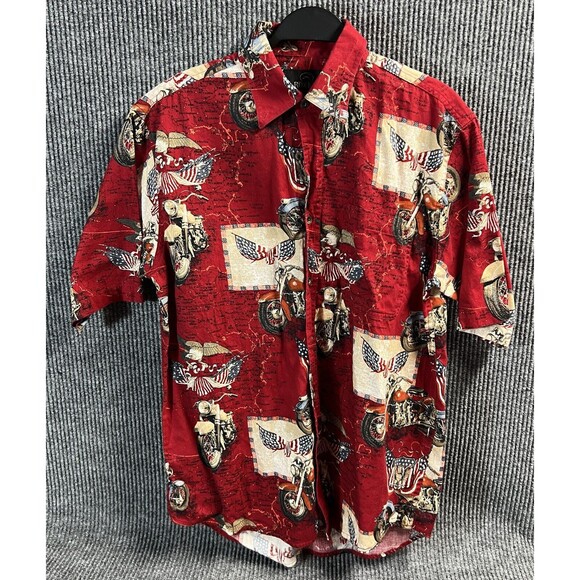 VTG Red Head Shirt Mens Medium Patriotic Flag Motorcycles Button Down Cotton Map - Picture 1 of 16